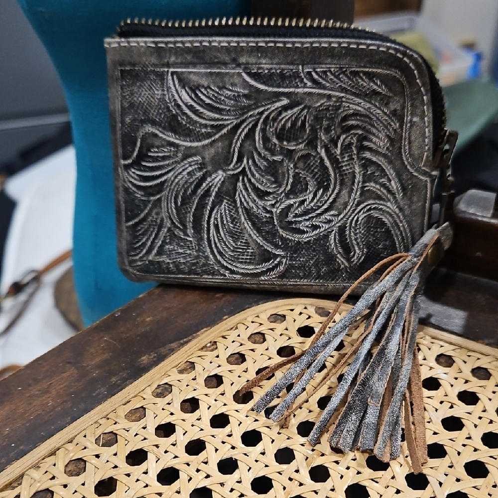 Embossed Soft Black Leather Wallet with Tassel